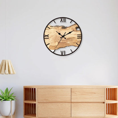 Rustic Wood Grain Wall Clock with Metal Frame