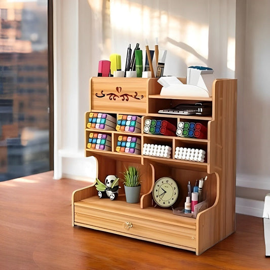Wooden Desk Organizer with Drawer, Multiple Compartments & Pen Holder