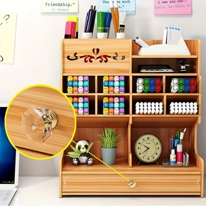 Wooden Desk Organizer with Drawer, Multiple Compartments & Pen Holder
