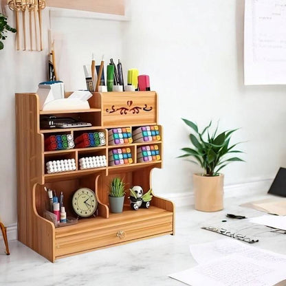 Wooden Desk Organizer with Drawer, Multiple Compartments & Pen Holder