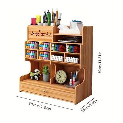 Wooden Desk Organizer with Drawer, Multiple Compartments & Pen Holder