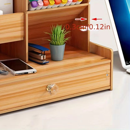 Wooden Desk Organizer with Drawer, Multiple Compartments & Pen Holder
