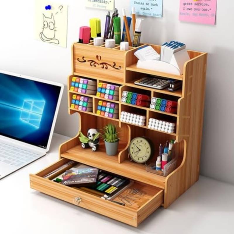 Wooden Desk Organizer with Drawer, Multiple Compartments & Pen Holder