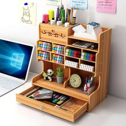 Wooden Desk Organizer with Drawer, Multiple Compartments & Pen Holder