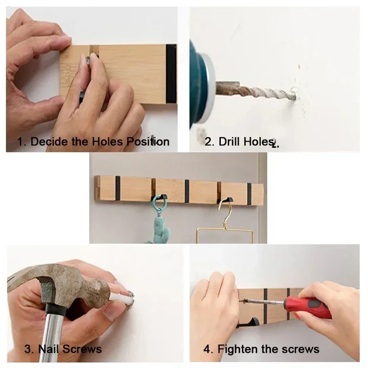 Wooden Wall-Mounted Coat Rack with Hidden Flip-Down Hooks