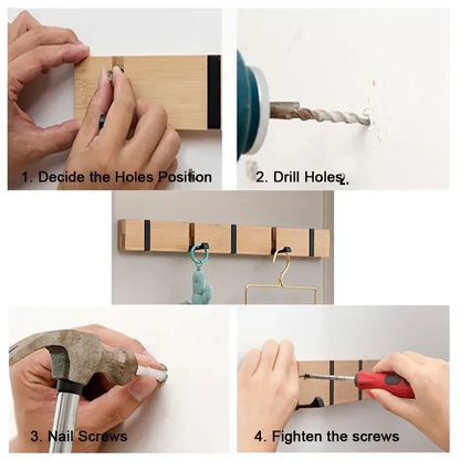 Wooden Wall-Mounted Coat Rack with Hidden Flip-Down Hooks