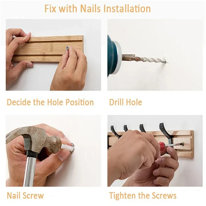 Wood Wall-Mounted Coat Rack with Adjustable Sliding Hooks for Entryway