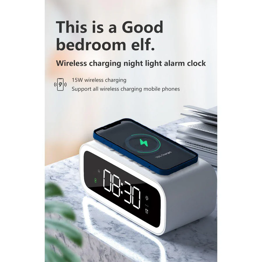 Digital Alarm Clock with Qi Wireless Charging and Adjustable LED Display