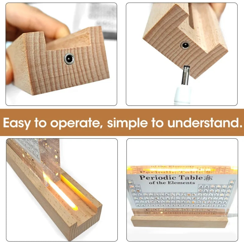 Acrylic Periodic Table of Elements with Illuminated Wooden Light Base