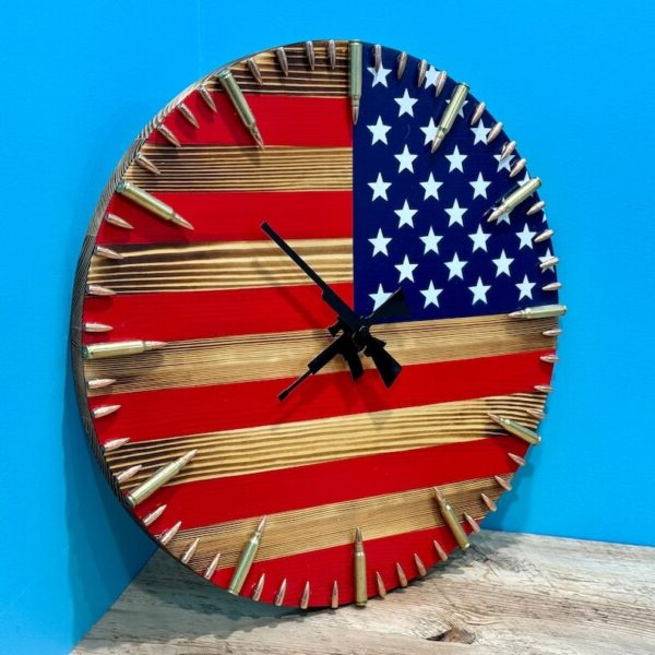 American Flag Wall Clock Handmade Rustic Patriotic Bullet Decor