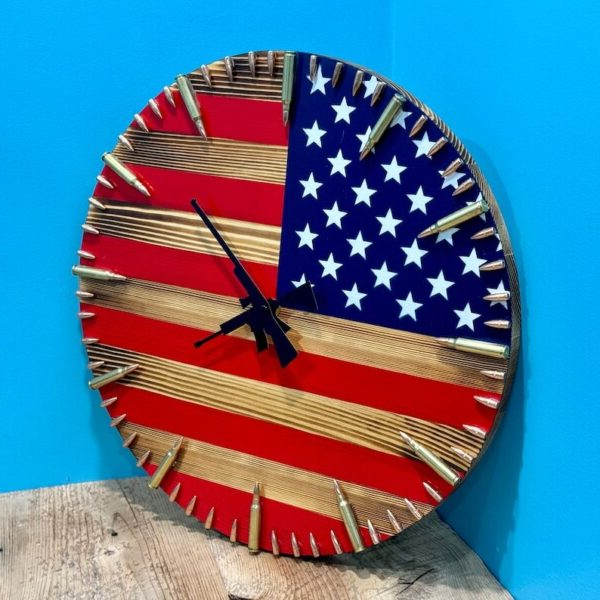 American Flag Wall Clock Handmade Rustic Patriotic Bullet Decor