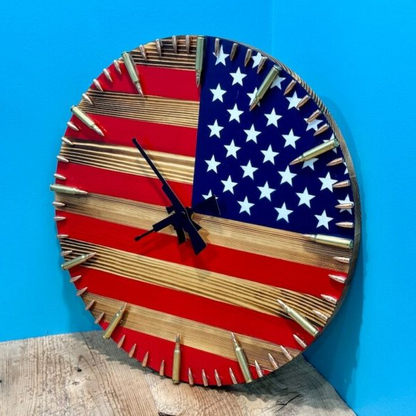 American Flag Wall Clock Handmade Rustic Patriotic Bullet Decor