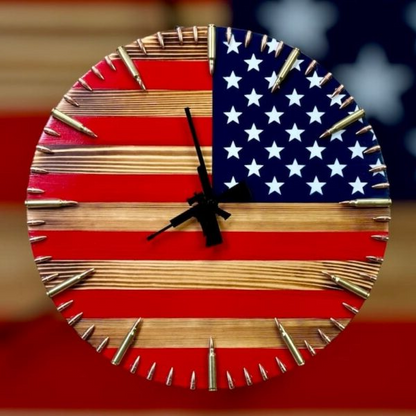 American Flag Wall Clock Handmade Rustic Patriotic Bullet Decor