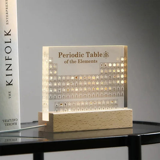 Acrylic Periodic Table of Elements with Illuminated Wooden Light Base