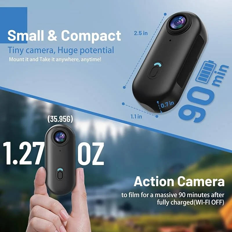4K 360 Action Camera Thumb-Sized Waterproof With Magnetic Mounts