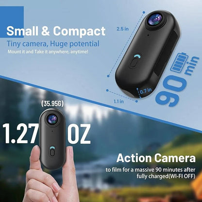 4K 360 Action Camera Thumb-Sized Waterproof With Magnetic Mounts