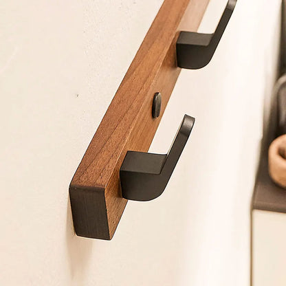 Wall-Mounted Wood and Metal Coat Rack with Minimalist Black Hooks