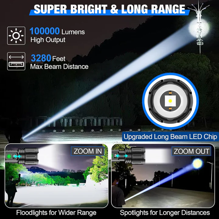 100,000 Lumens Tactical Flashlight Rechargeable Waterproof LED Brightest