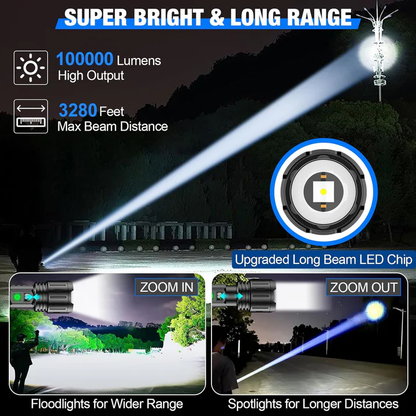 100,000 Lumens Tactical Flashlight Rechargeable Waterproof LED Brightest