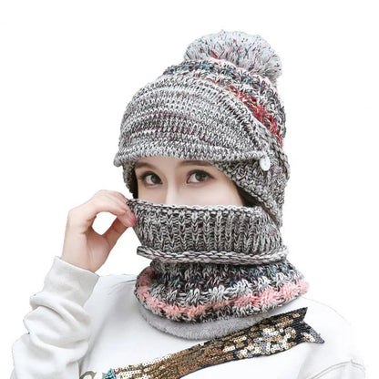 Knitted Hat and Scarf Set with Velvet Lining and Detachable Face Guard