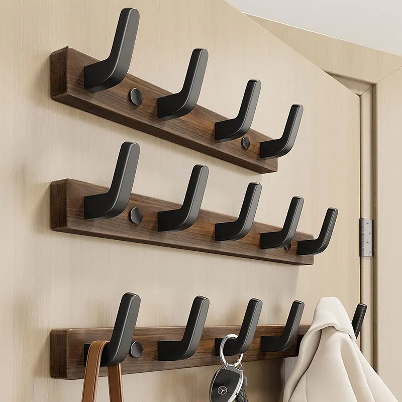 Wall-Mounted Wood and Metal Coat Rack with Minimalist Black Hooks