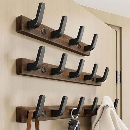 Wall-Mounted Wood and Metal Coat Rack with Minimalist Black Hooks