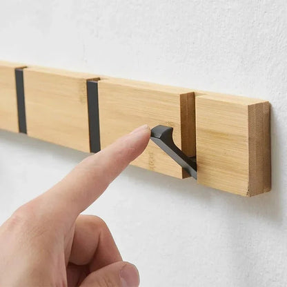 Wooden Wall-Mounted Coat Rack with Hidden Flip-Down Hooks