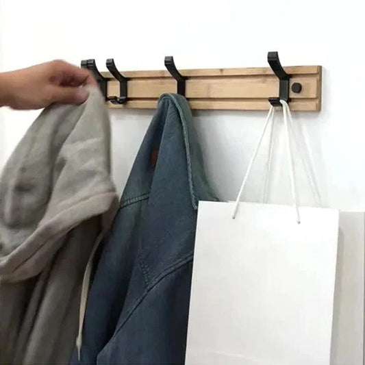 Wood Wall-Mounted Coat Rack with Adjustable Sliding Hooks for Entryway