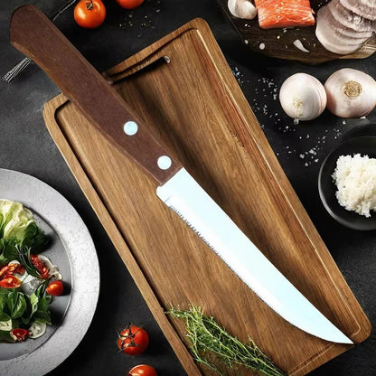 Stainless Steel Serrated Steak Knife Set with Wooden Handles, 6-Piece