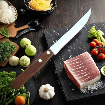 Stainless Steel Serrated Steak Knife Set with Wooden Handles, 6-Piece