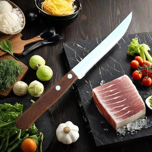 Stainless Steel Serrated Steak Knife Set with Wooden Handles, 6-Piece