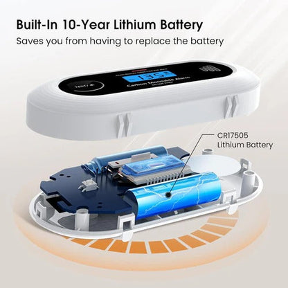 Smart Carbon Monoxide Detector With 10-Year Battery, LCD Display, and Loud Alarm