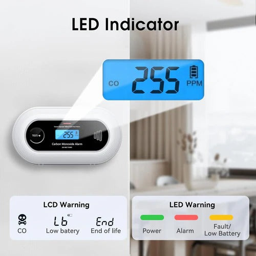 Smart Carbon Monoxide Detector With 10-Year Battery, LCD Display, and Loud Alarm