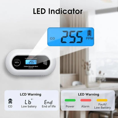 Smart Carbon Monoxide Detector With 10-Year Battery, LCD Display, and Loud Alarm