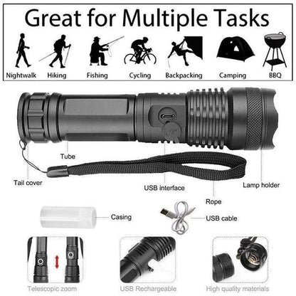 XHP50 LED Rechargeable Tactical Flashlight with Zoom and USB Charging
