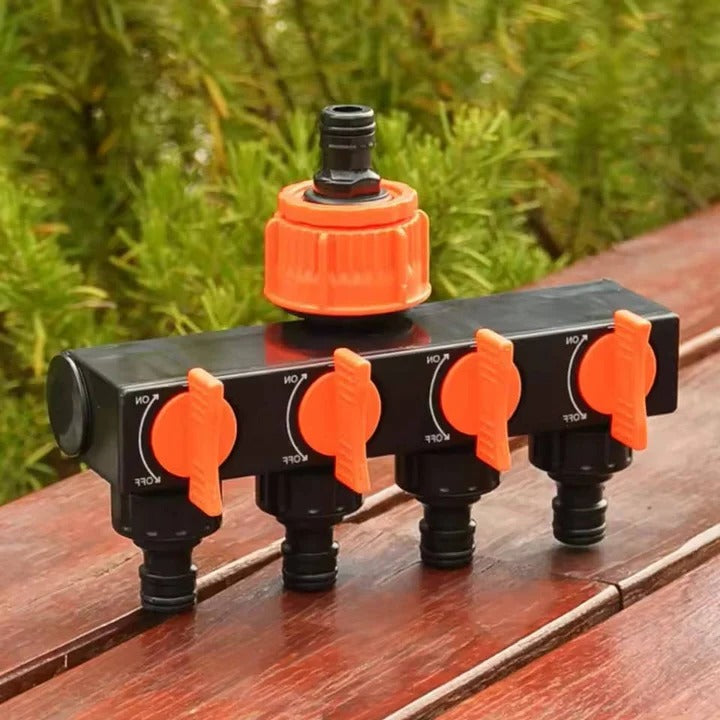 4-Way Metal Garden Hose Splitter with Adjustable Flow Valves