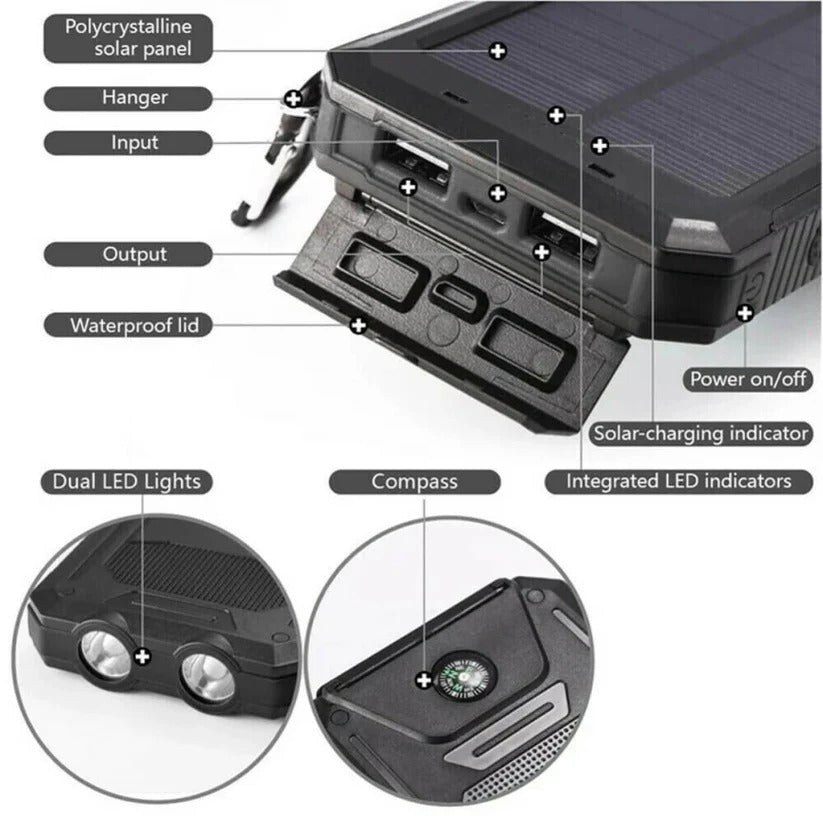 500000mAh Solar Power Bank Waterproof With Dual USB and LED Lights