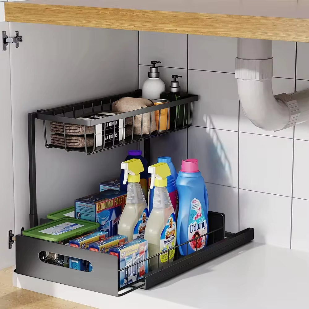 Minimalist Metal Under-Sink Organizer with Slide-Out Tiers