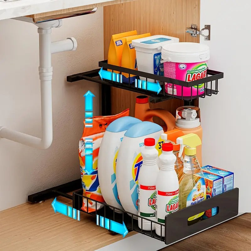 Minimalist Metal Under-Sink Organizer with Slide-Out Tiers