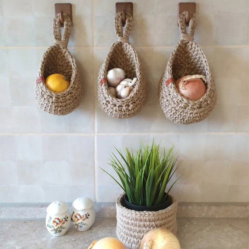 Woven Hanging Storage Basket Rustic Natural Handcrafted Home Organizer