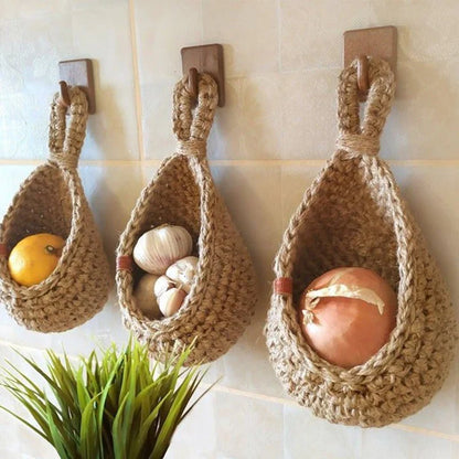 Woven Hanging Storage Basket Rustic Natural Handcrafted Home Organizer